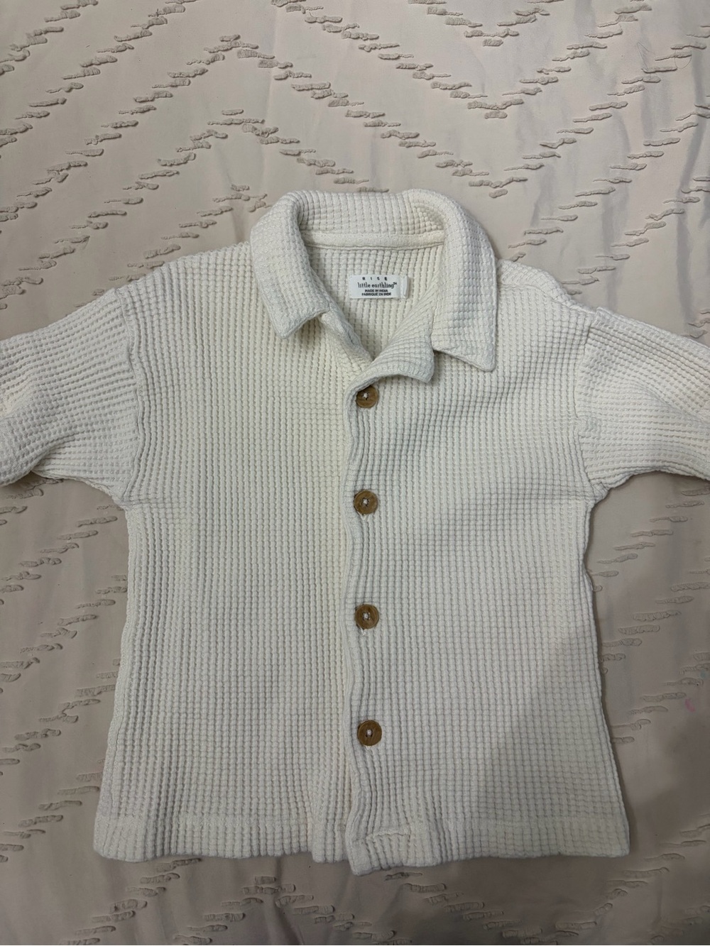 RISE Little Earthling 3T Cream Waffle Knit Collared Button-Up Shirt